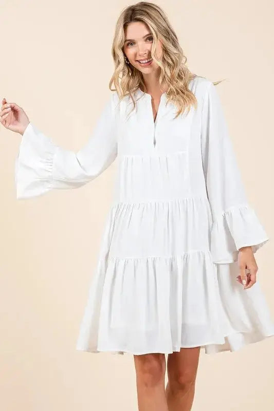 Mittoshop Tiered Notched Flare Sleeve Dress for Women - Love Salve